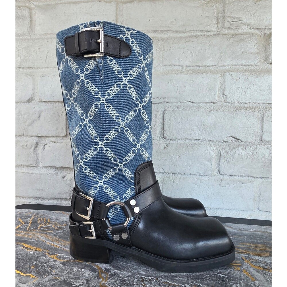 NEW Michael Kors Crosby Denim Jacquard Leather Moto Boots Size 7.5